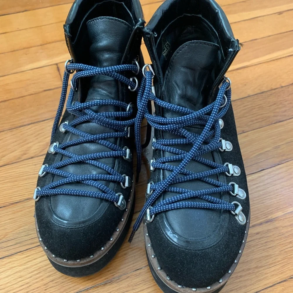 Free People Black Suede Platform Hiking Boots with Navy Laces